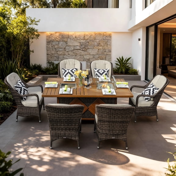 Direct Wicker 7-Piece Patio Rectangular Ice Bucket and Firepit Dining Set with 6 Rattan Cushioned Chairs, Brown