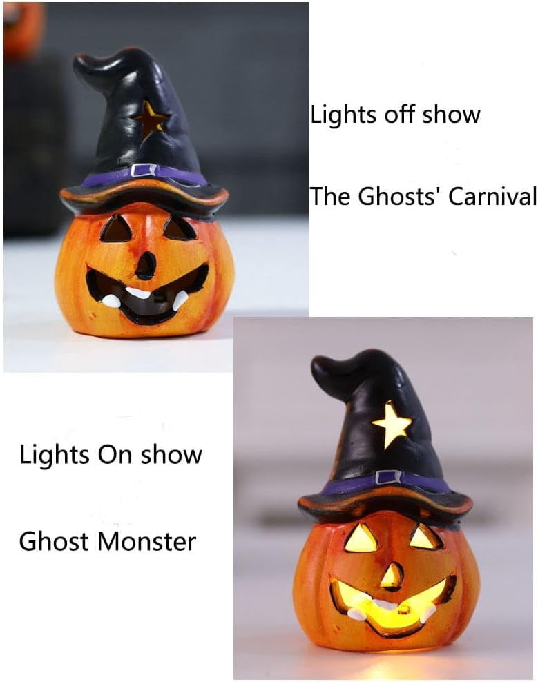 Set of 4 Light Up Ceramic Pumpkin Skull Figurines for Halloween Table Decor