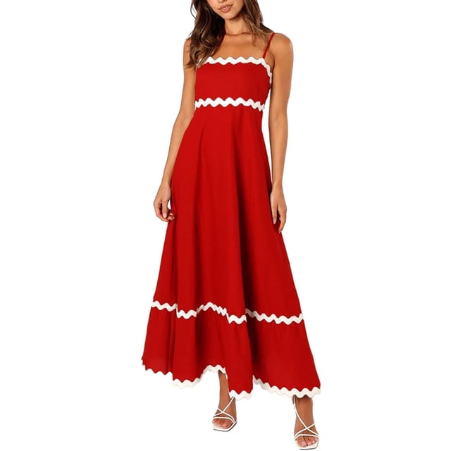 WTXUE Robes Maxi en Liquidation, Robe Nuisette Sans Manches Élégante à Encolure Carrée, Femmes 2024 Été Robe Longue Fluide à Étages Débardeur Unie Vestidos Casuales Para Mujer Verano Maxi Women, Rouge+TG(US:14-16)