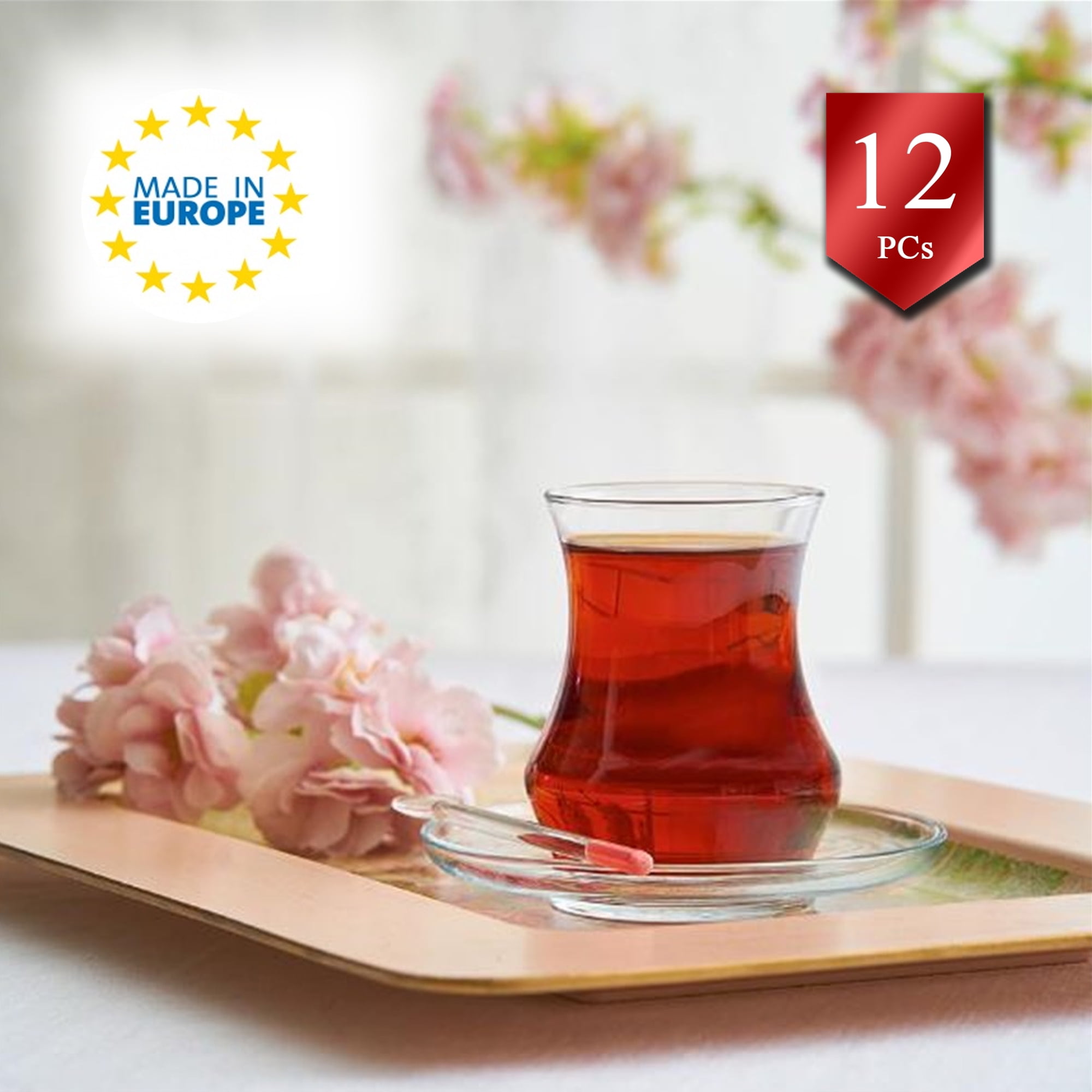 LAV Authentic Turkish Tea Glasses with Saucers 12 Pcs, Traditional Crystal Clear Glass Teacups Set, 5.75 oz