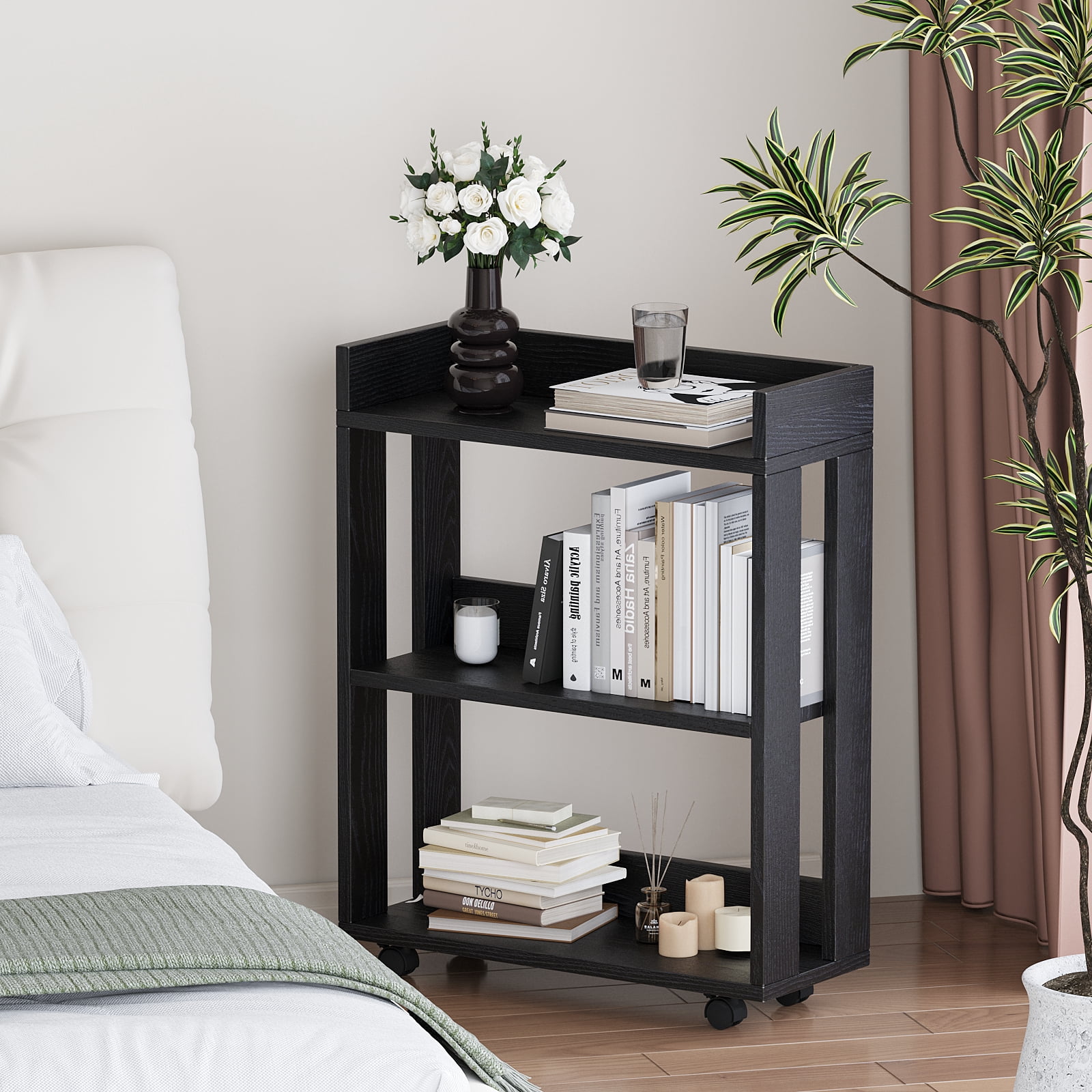 ALISENED 3 Tier Bookshelf and Bookcase with Wheels, Wood Small Nightstand, End Table Storage Rack