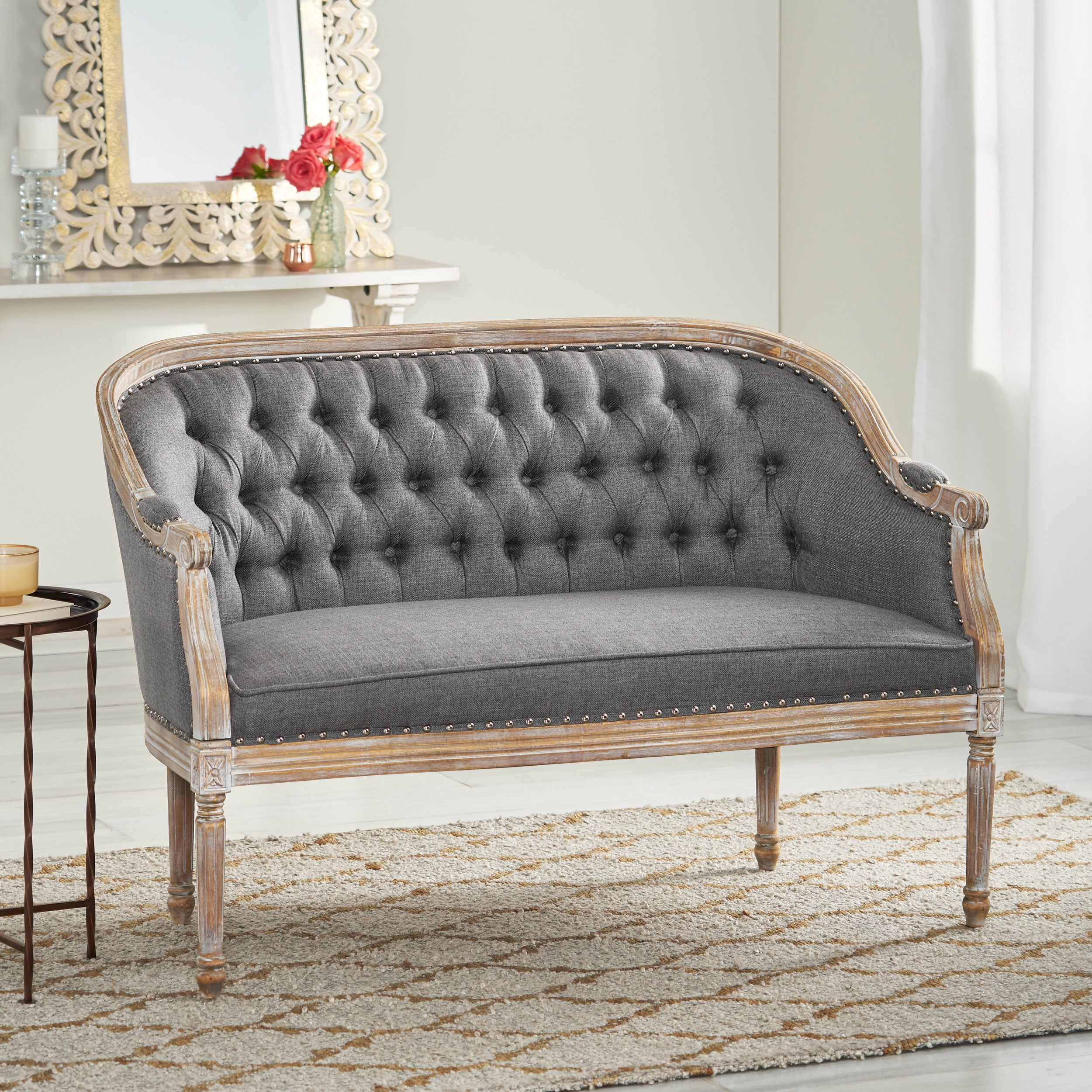 GDF Studio Phillips Traditional Fabric Tufted Upholstered Loveseat, Dark Gray and Antique
