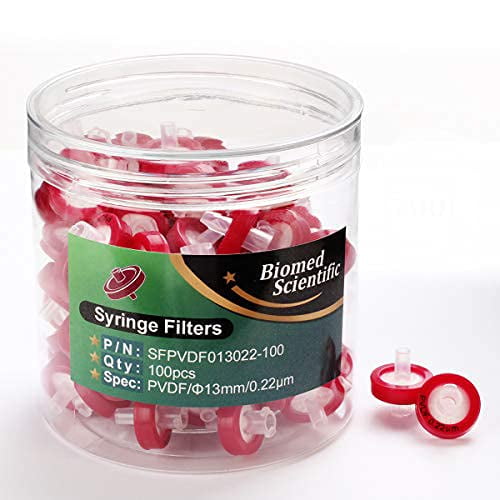 Filtros de jeringa PVDF hidrofóbico 13 mm de diámetro 0,22 um Tamaño de poro No estéril Paquete de 100 por Biomed Scientific
