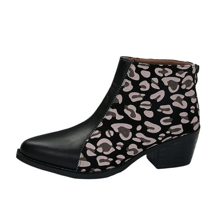 OJSFQUFP Women Ankle Boots Ladies British Style Leopard Print Patchwork Pointed Back Zipper Thick Heel Short Ankle Boots Waterproof Shoes Black 42