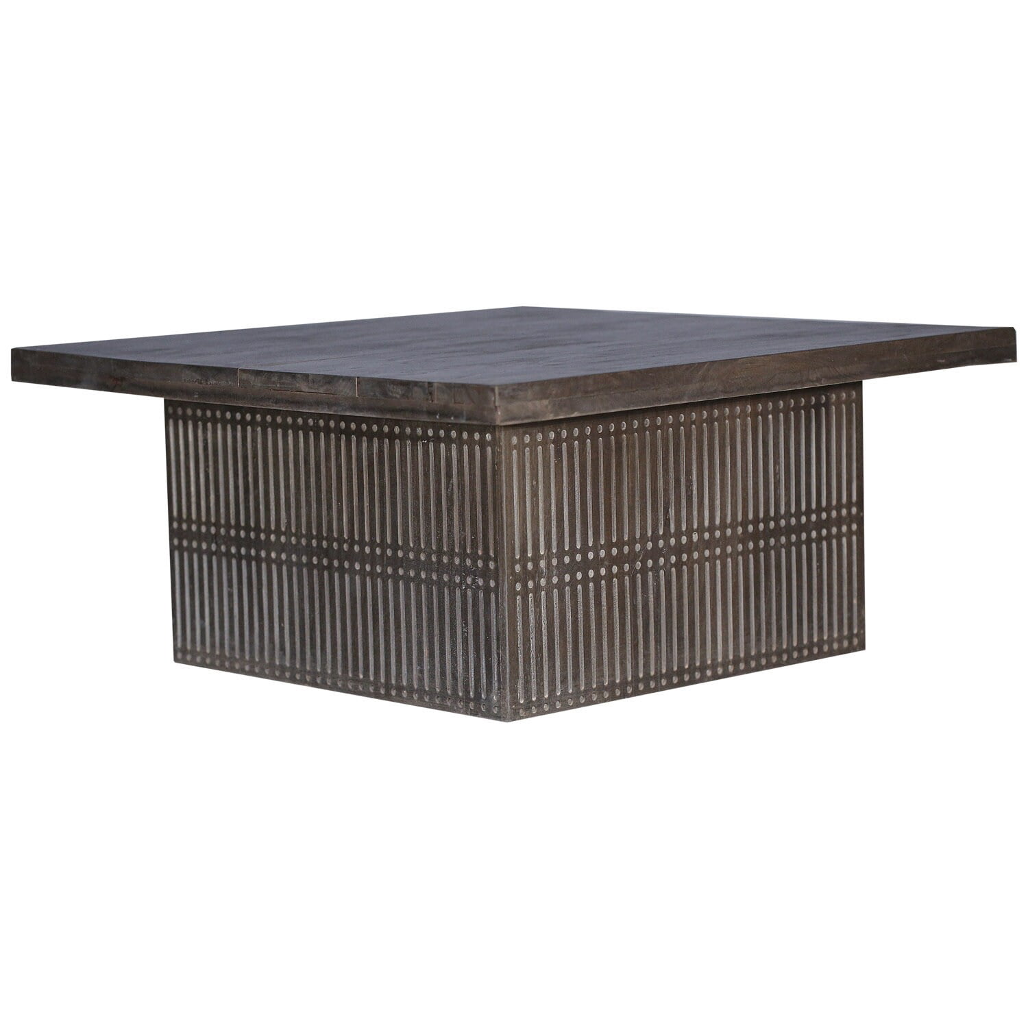 18 Inch Tall Distressed Gray Finished Wooden Block Coffee Table | Modern Living Room Center Table | Boho Chic Square Cocktail Table