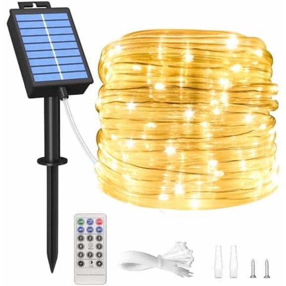 Solar Rope Lights Outdoor, 39FT 100 LED Solar Rope Lights,IP67 Waterproof, 8 Modes, Outdoor Patio Porch Tree Wedding Christmas Pool Garden Decorative -Warm White