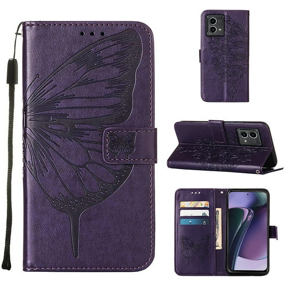 Feishell for Motorola Moto G Stylus 5G (2023) Flip Wallet Case,Butterfly & Flower Embossed Pattern PU Leather Magnetic Folio Flip Protective with Credit Card Slots Kickstand Slim Phone Case,Purple
