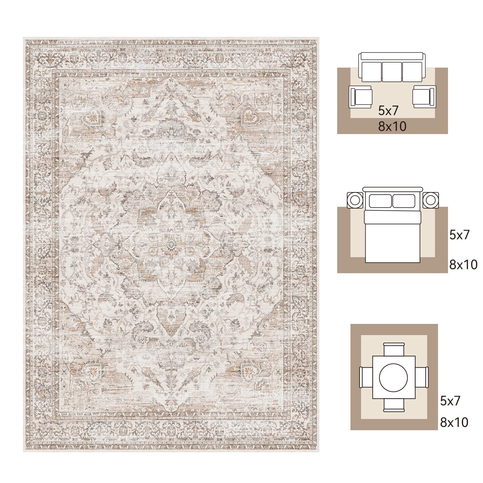 SIXHOME 5'x7' Area Rugs for Living Room Washable Vintage Medallion Rug Oriental Floral Distressed Carpet Ultra Soft Indoor Rugs for Bedroom Dining Room Retro Home Decor Beige