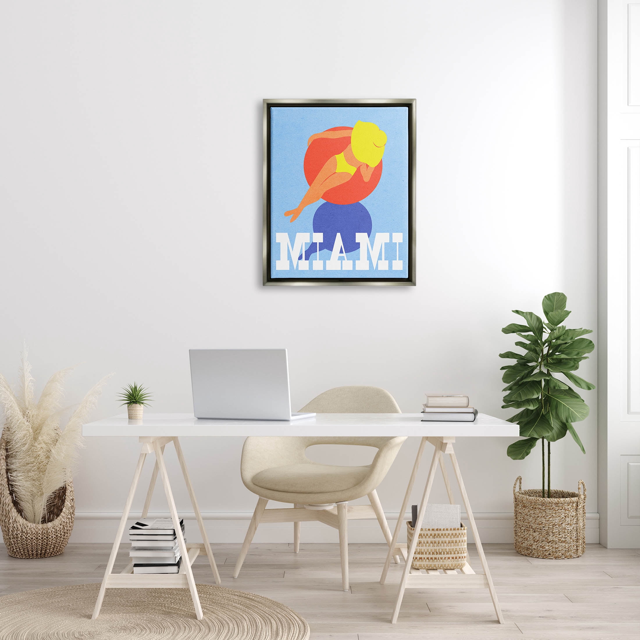 Stupell Industries Miami Woman in Pool Float Graphic Art Luster Gray Floating Framed Canvas Print Wall Art, Design by Daphne Polselli