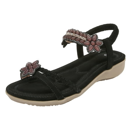 

ZHAGHMIN Fashion Wedge Sandals for Women Hollow Flower Rhinestone Ethnic Style Slippers Bohemian Comfortable Pu Leather Sandals Women Black Size6.5