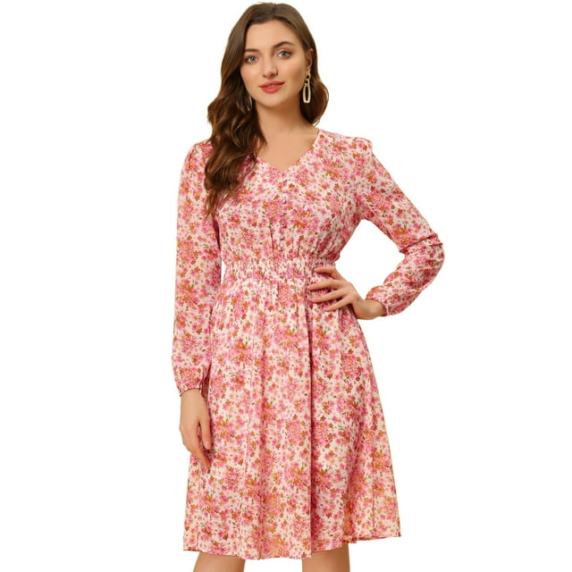 INSPIRE CHIC Robe Midi à Manches Longues Évasée à Col en V à Imprimé Floral pour Femme
