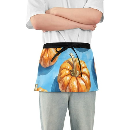 

Many Pumpkins Blue Waist Apron Adjustable Server Half Apron Kitchen Cooking with 3 Pockets for Men Women