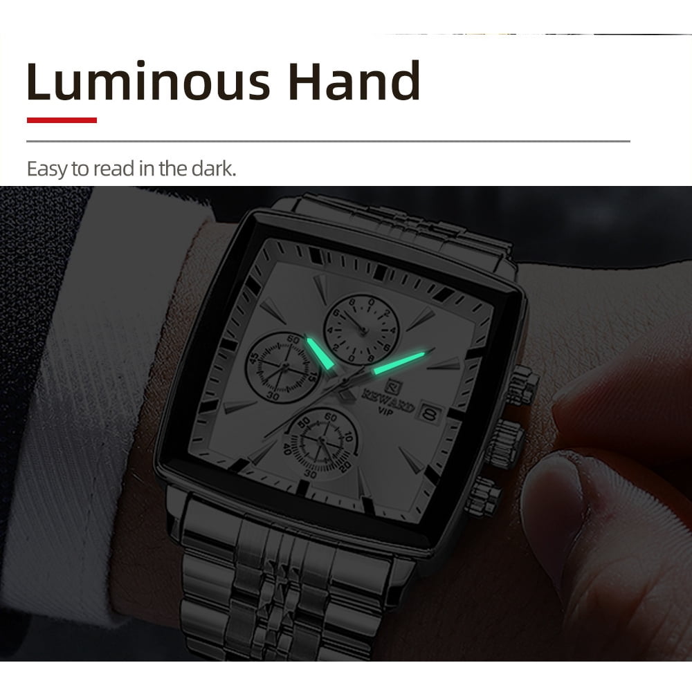 Square Watches for Men Silvery Stainless Steel Chronograph Fashion Business Watch Luminous Waterproof Casual Wrist Watches