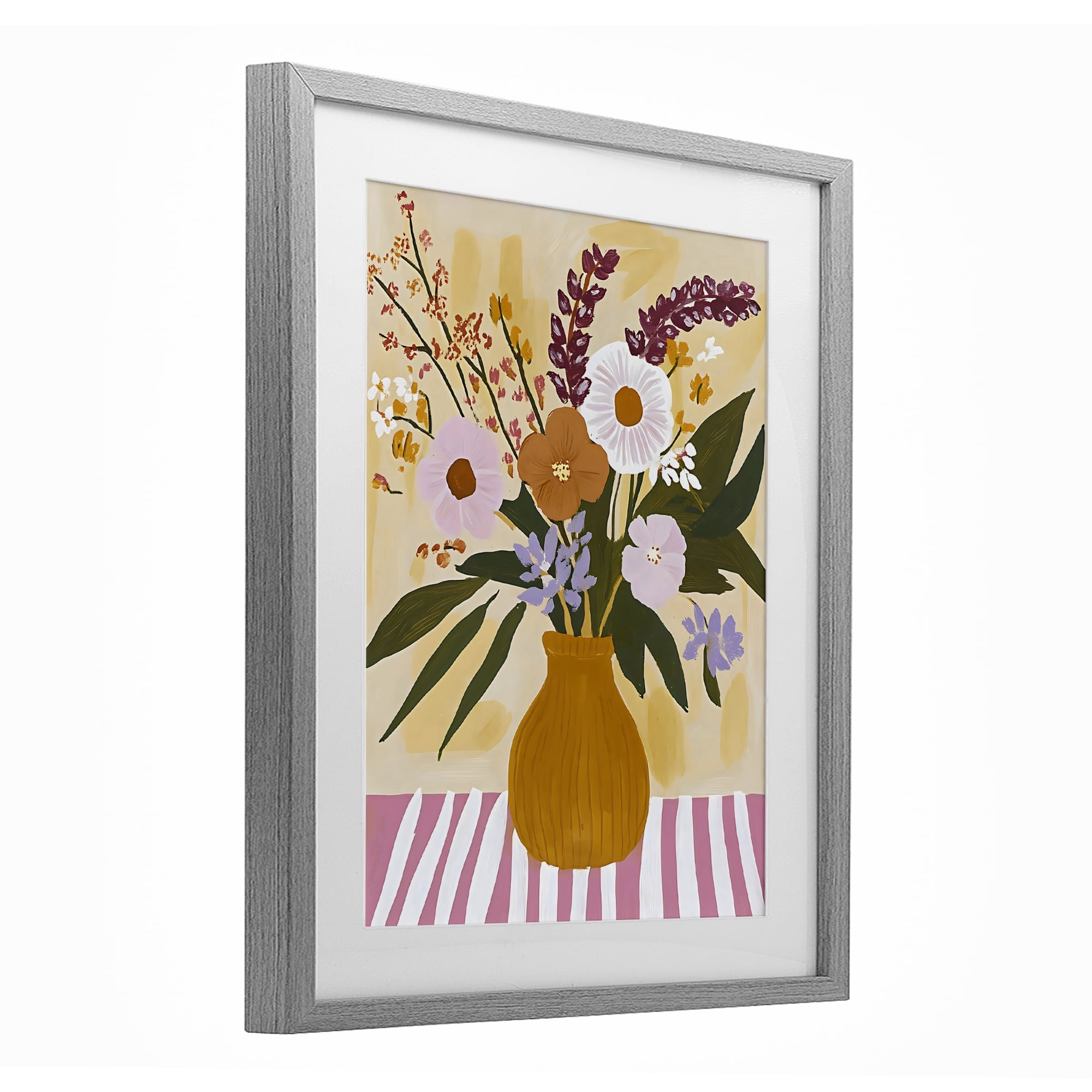 Stupell Industries Boho Flowers on Pink Stripes Gray Framed Print Under Glass, design by Creative Studio