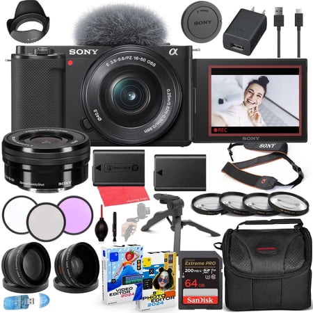 Sony ZV-E10 Mirrorless Camera with 16-50mm Lens (Black) Bundle + Accessory Package including 64GB Extreme, Filters, Macro Close Ups, Case, Software & More