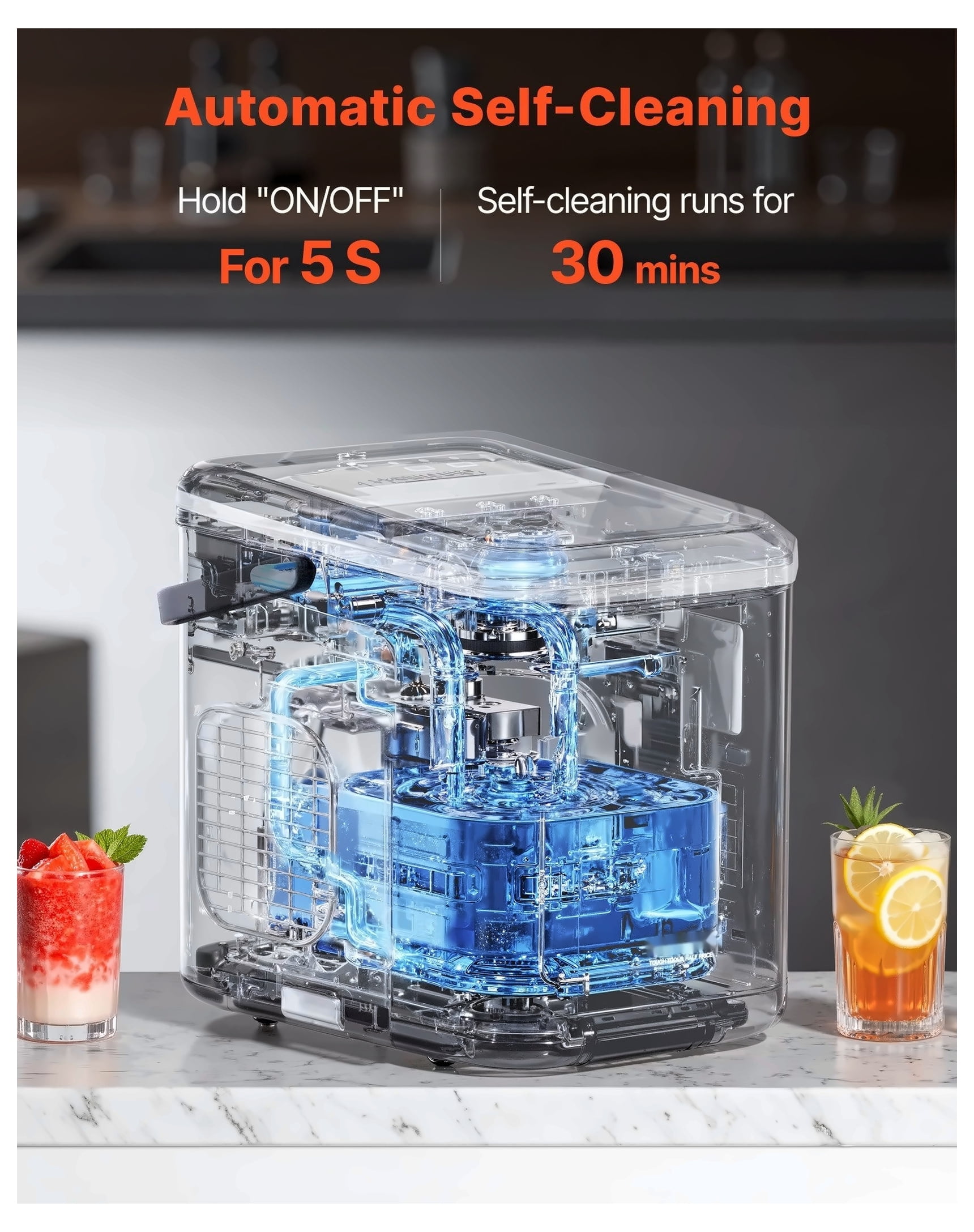 Portable Ice Maker, 26lbs/24h Countertop Ice Machine, Self-Cleaning, Bullet & Large Ice, Stainless Steel, Fast Ice Maker for Home Bar & Kitchen