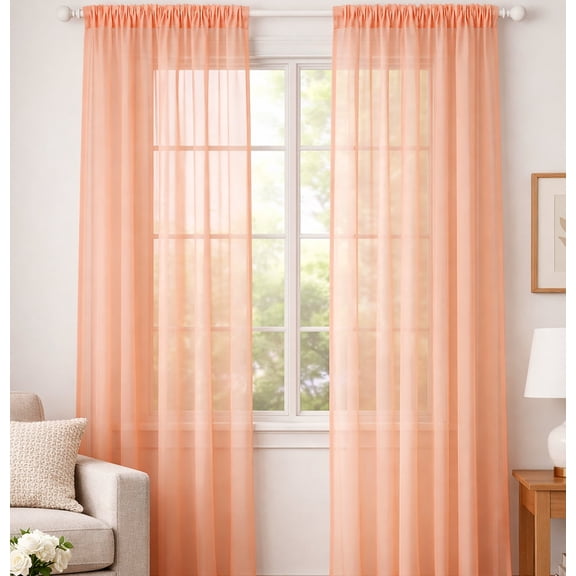 Peach Sheer Window Rod Pocket Curtain Set - 90" Inches Long (2 Panels)