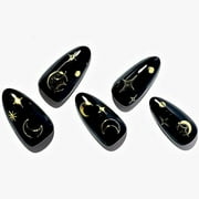 GLAMERMAID Press on Nails Medium Almond- Handmade Gel Black Short Pointed Fake Nails with Golden Design, Glossy Gel Glue on Nails Reusable Gothic False Nail Kits Stiletto Stick on Nails for Women Nail