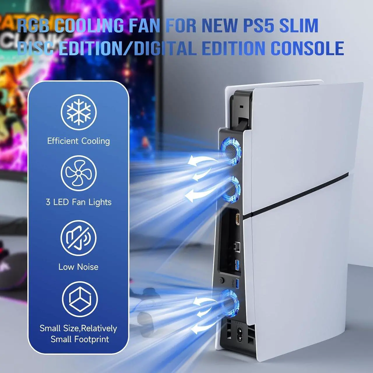 PS5 Slim Cooling Fan,Quiet Cooling System for PS5 Slim Digital/Discs Edition with 3 Fans/USB 3.0 Port,PS5 Slim Cooler Accessories with LED Light,Not for PS5 2020 and PS5 Pro