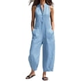 thumbnail image 3 of Women's Cotton Linen Jumpsuit, Sleeveless Stand Collar Loose Jumpsuit with Pockets, Casual Wide Leg Overalls, Summer Casual Jumpsuit and Work Jumpsuit for Women​-Blue, 3 of 5