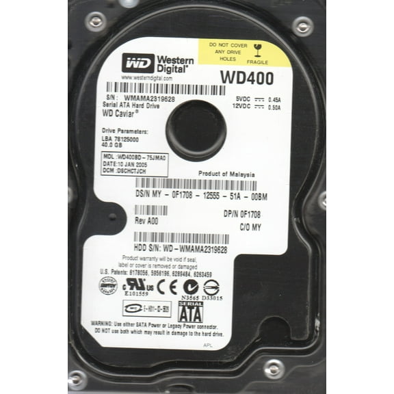 WD400BD-75JMA0, DCM DSCHCTJCH, Western Digital 40GB SATA 3.5 Hard Drive