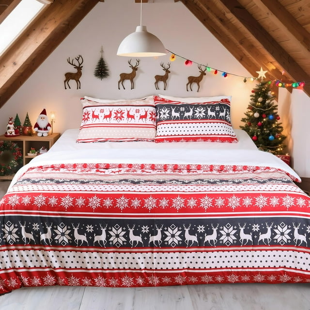 HITIME Ensemble de Housse de Couette de Noël Imprimée 100 % Polyester - Format Simple, Ensemble de Literie 3 Pcs Léger et Respirant, Housse de Couette en Microfibre Douce avec Fermeture Éclair, Rayures de Noël
