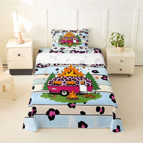 Manfei Leopard Print Camper Twin Sheets,Country Farmhouse Lodge Bedding,Pink,3 Pieces,1 Fitted Sheet and 1 Pillowcase