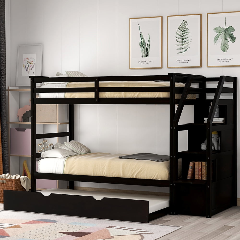 94.4" Twin Bunk Bedd with Trundle and 3 Storage Stairs-Espresso