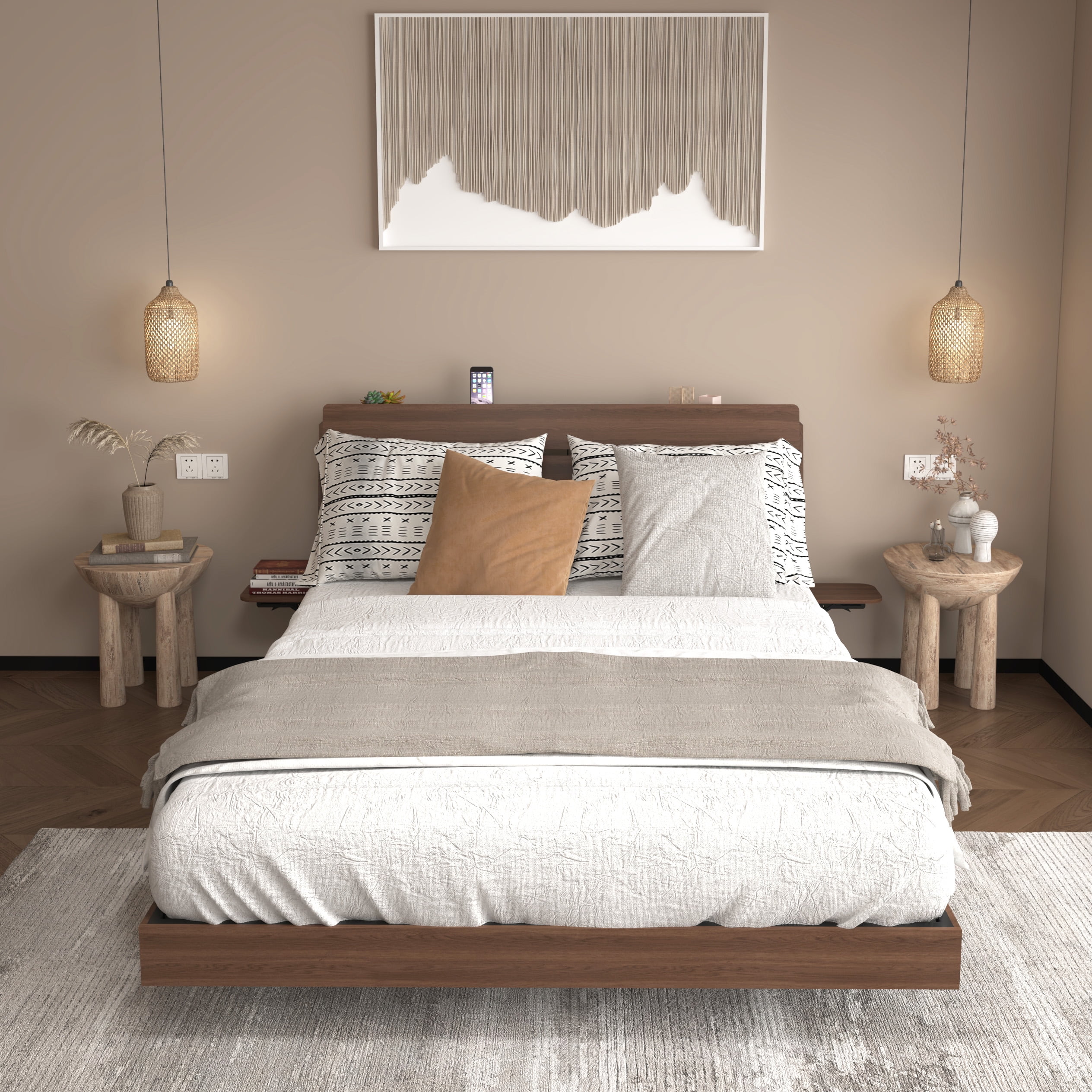 Miniyam Queen Floating Bed Frame with RGB LED Lights, Storage Headboard & USB Charging Station, Walnut