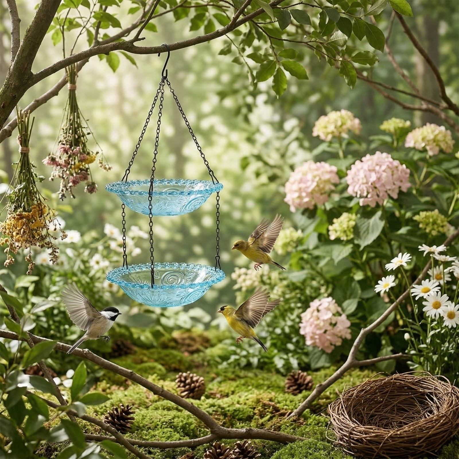 Solar Cascade Hanging Bird Bath Fountain, Solar Powered Cascading Outdoor Water Fountainwith Solars Pump & Glass Bowl, Decorative Garden Yard Patio Bird Bath Fountain (Pink Double-Tier)