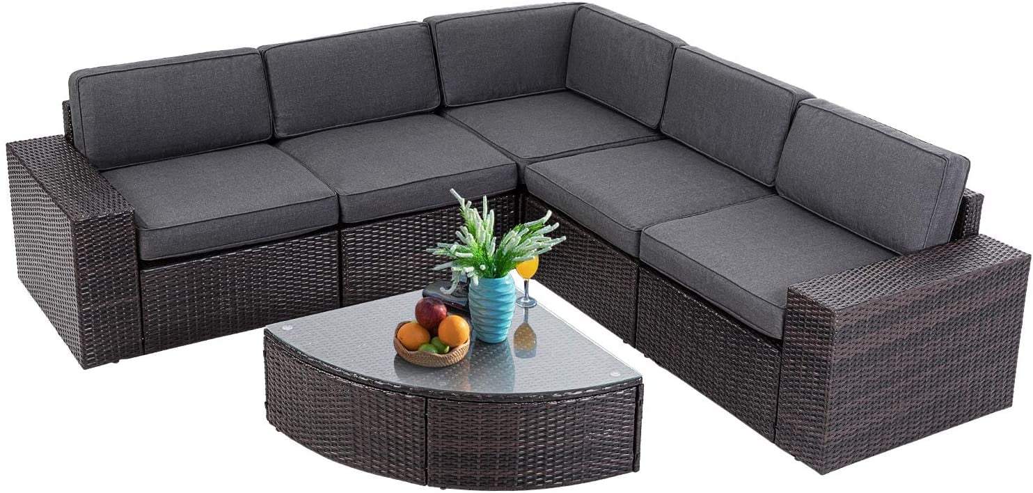 SUNCROWN Outdoor Furniture 6-Piece Patio Sofa and Wedge Table Set, All-Weather Brown Wicker with Washable Seat Cushions and Coffee Table (Dark Grey)
