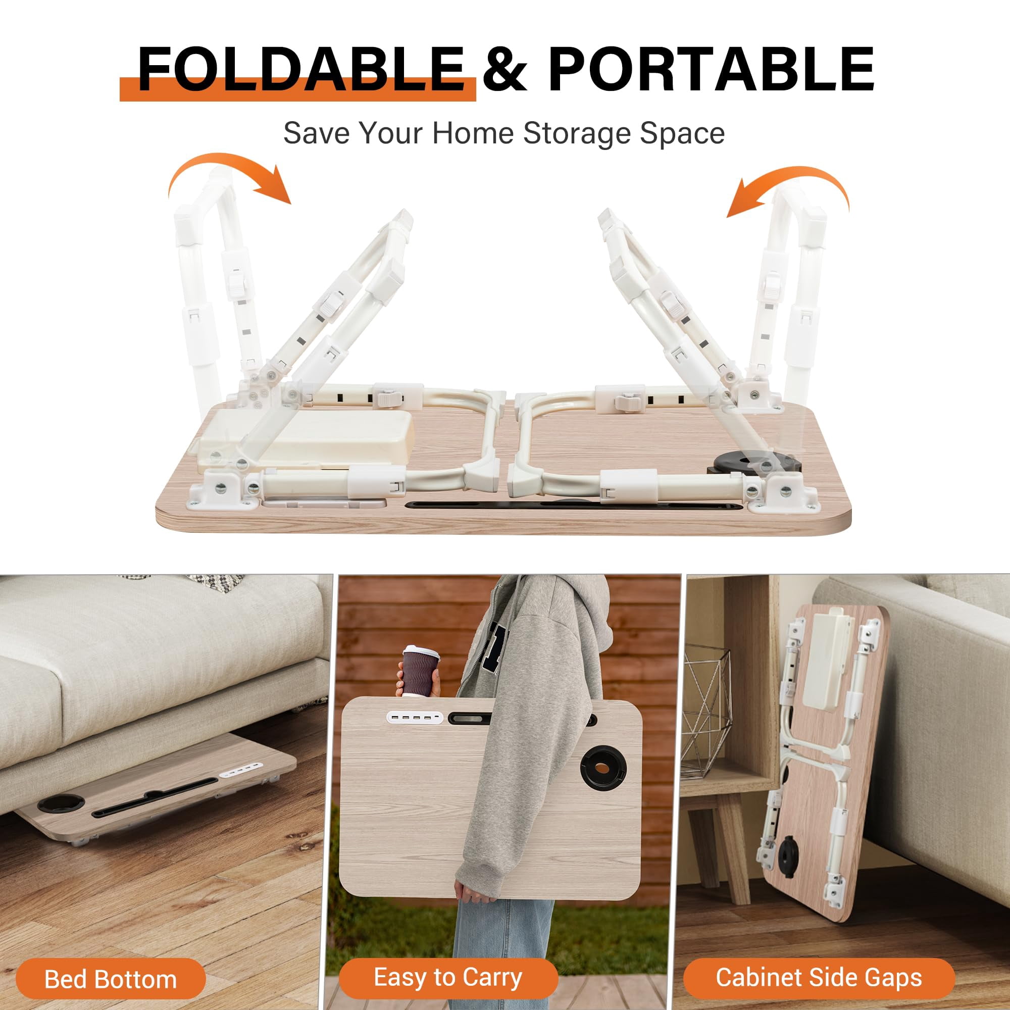Laptop Desk For Bed Height Adjustable  Lap Table With Usb/storage Drawer/cup Holder/tablet Stand/book Shelf Foldable Breakfast Tray Portable Reading Writing Sofa & Floor Glacier