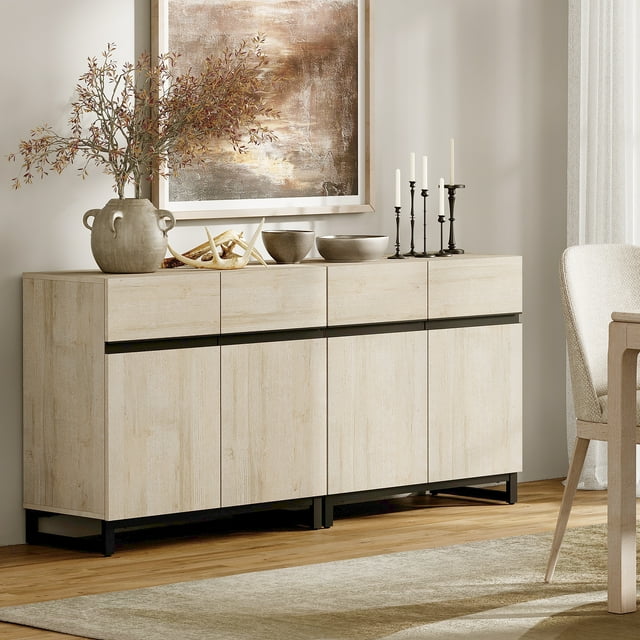 WAMPAT Modern Wood Credenza, 2 in 1 Sideboard Buffet, 63" Kitchen Storage Cabinet, Adjustable Shelf, Doors, Coffee Bar Accent Cabinet for Dining Room, Living Room, Light Oak