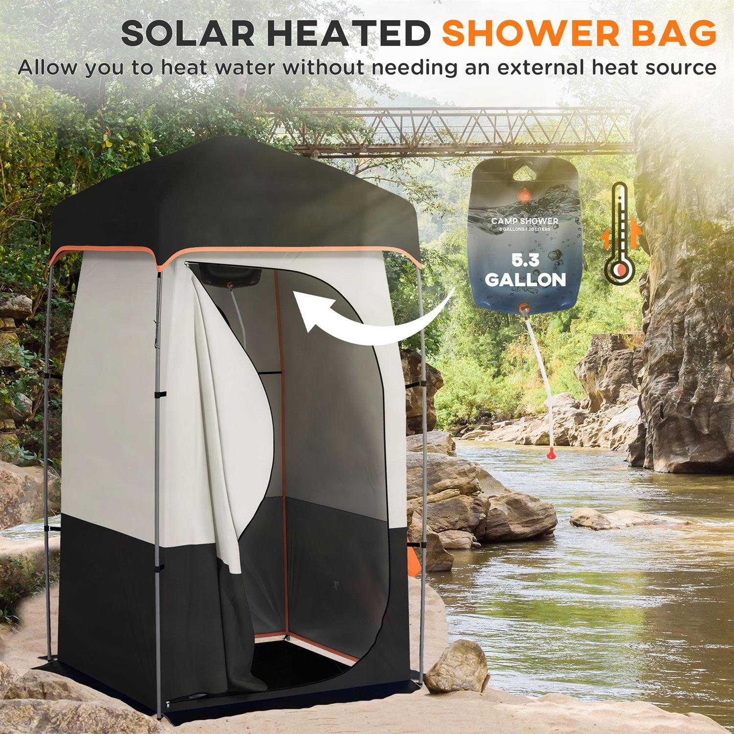 Demi Bonn Camping Shower Tent, Portable Privacy Shelter with Solar Shower Bag, Removable Floor & Carrying Bag, Black