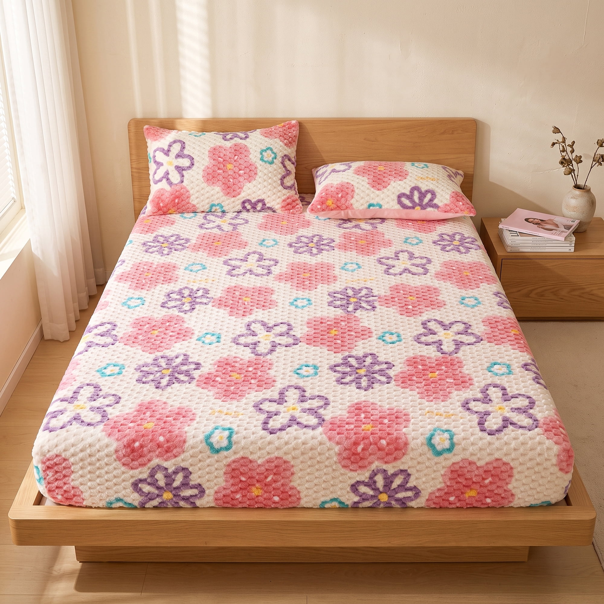 Unique Bargains Fitted Sheet Polyester Anti Wrinkle Soft Bedding 39.0"x74.8" Pink/Purple