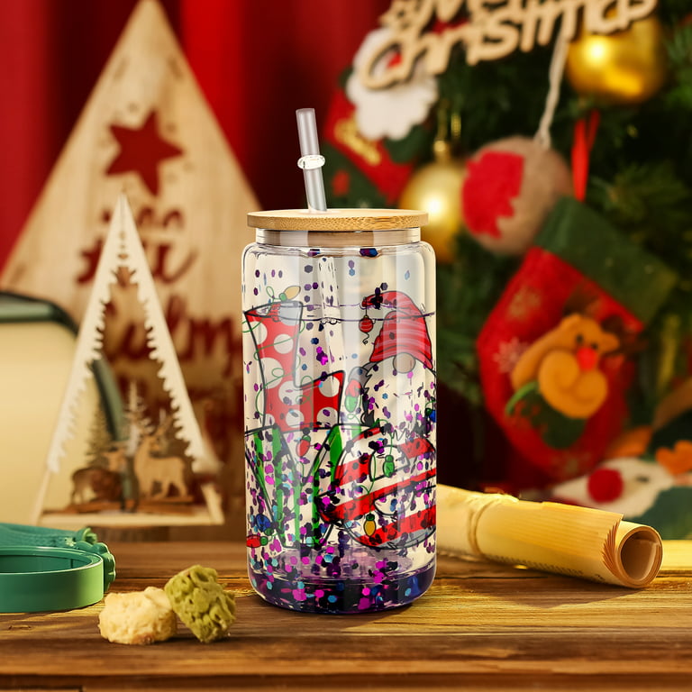 Agh 16oz Sublimation Snow Globe Glass Can Shaped Tumblers with Bamboo Lids and Straws - 6 Pack, Duble Wall Blank Beer Can Clear Glass Ice Coffee Cups