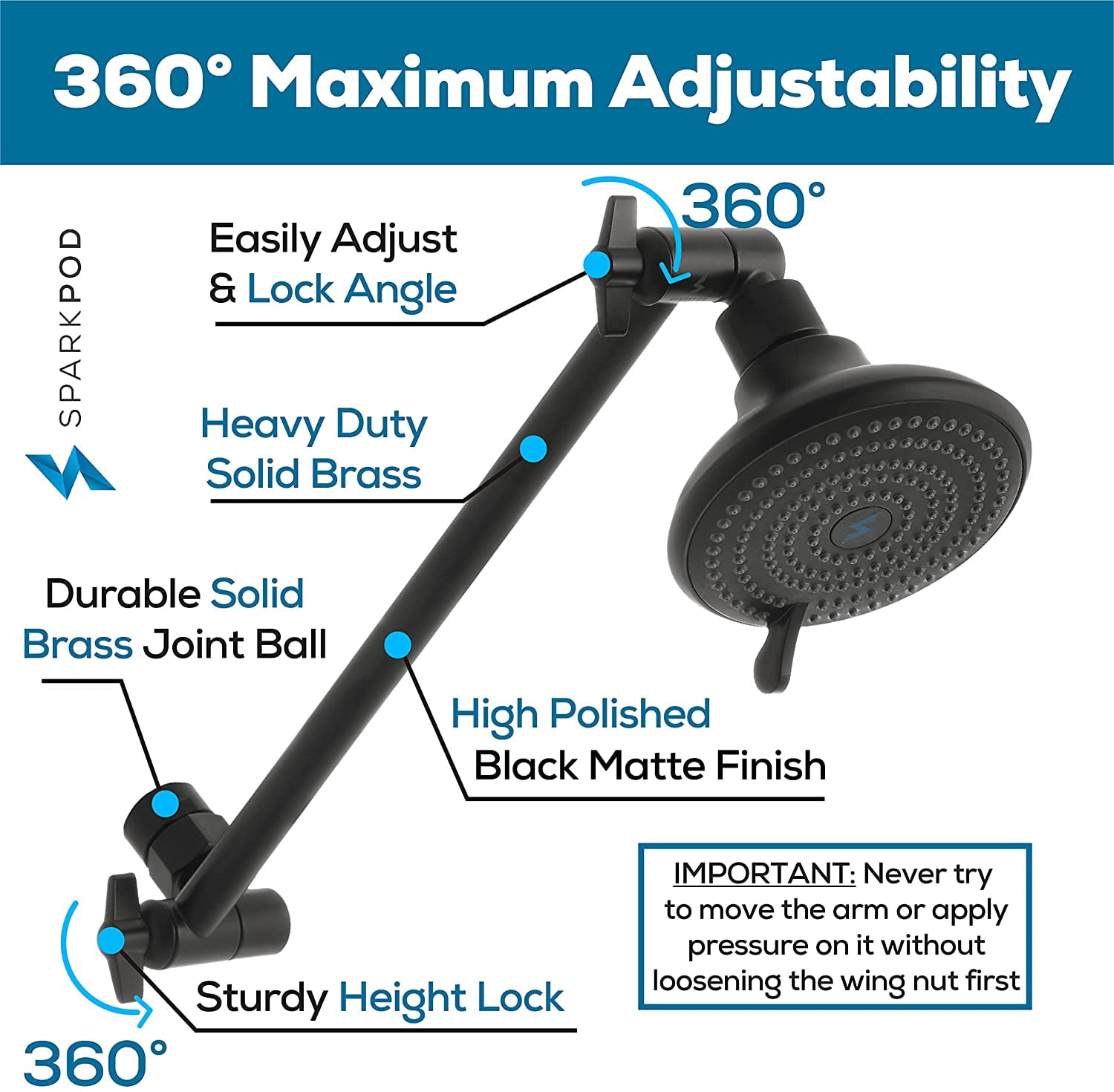 SparkPod Adjustable Shower Head Extension Arm - 11" Brass Rain Shower Arm with Universal Fit  (Midnight Black Matte)