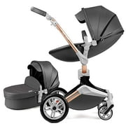 Hot Mom baby stroller with 360 degree rotation,pu leather seat and bassinet combo for 0-48 months baby,dark grey