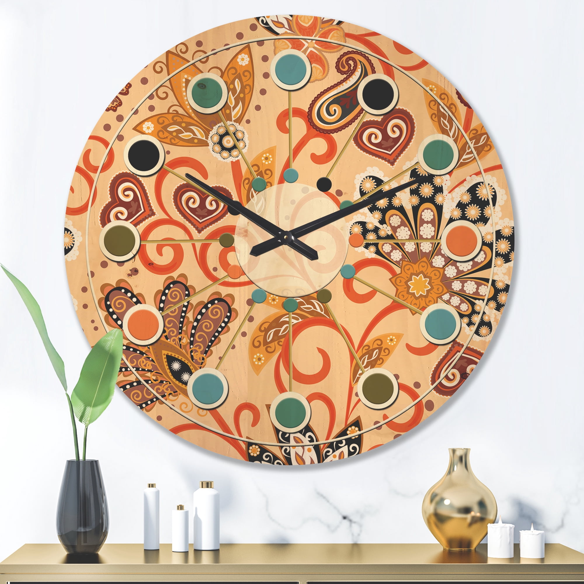 Designart 'Indian Floral Batik Retro II' Mid-Century Modern Wood Wall Clock