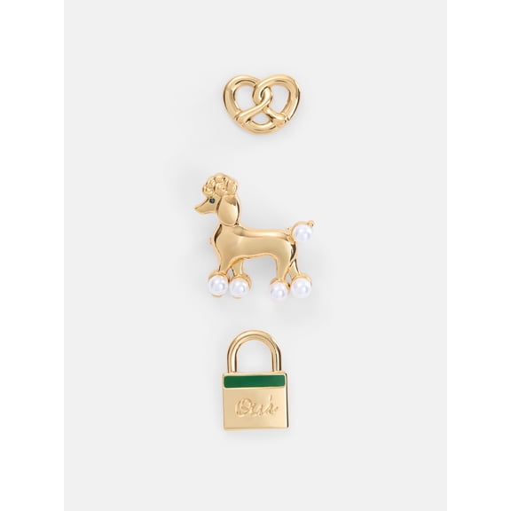 Free Assembly Women's Pretzel, Lock and Poodle Pin Set with Faux Pearls, 3-Piece