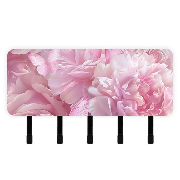 Pink Butterflies Flowers Mail Holder Organizer Wall Mount with Shelf Key Holder Key Rack with 5 Key Hooks for Wall Decorative