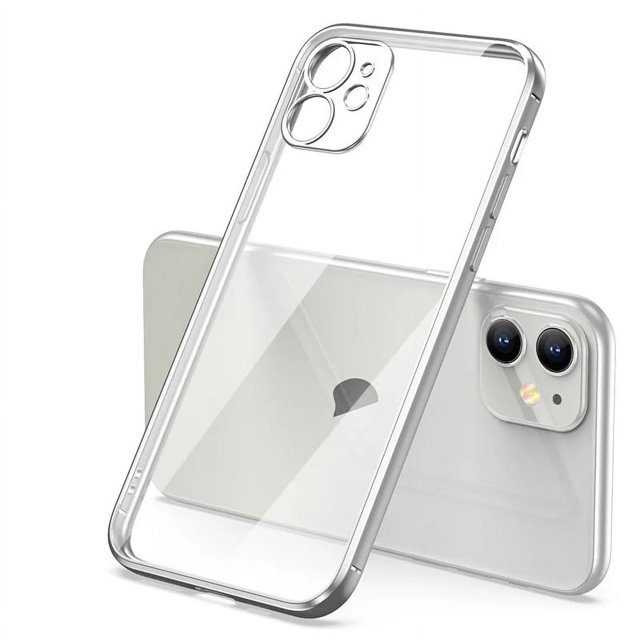 Luxury Plating Square Frame Silicone Transparent Case on For iPhone 11 12 13 14 15 Pro Max X XR XS Max 7 Plus Clear Back Cover Silver For iPhone 15Pro Max