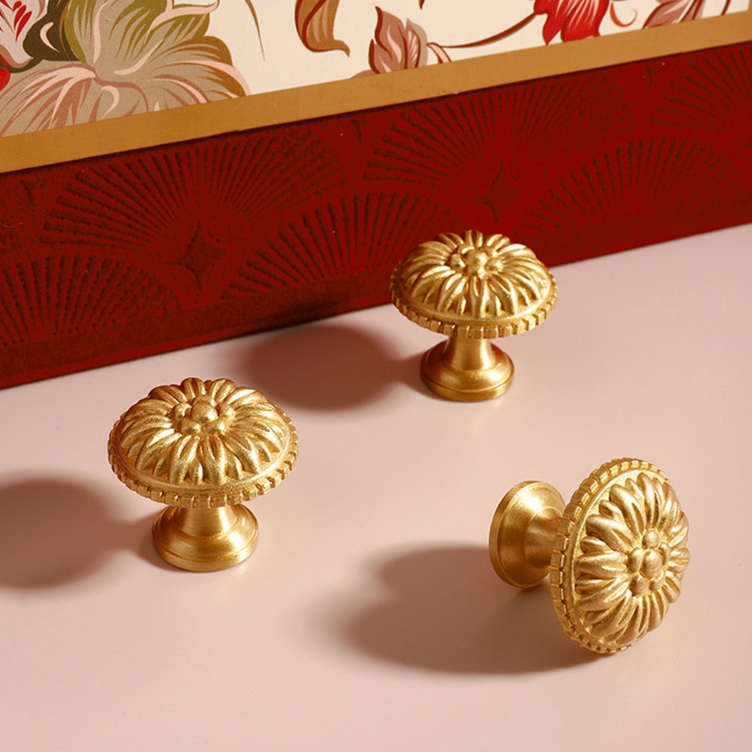 CATPAN 4PCS Vintage Brass Cabinet Knobs, Gold Dresser Drawer Knobs Kitchen Cupboard Bathroom Cabinet Round Handles Pulls for Home Cabinet Hardware Knobs
