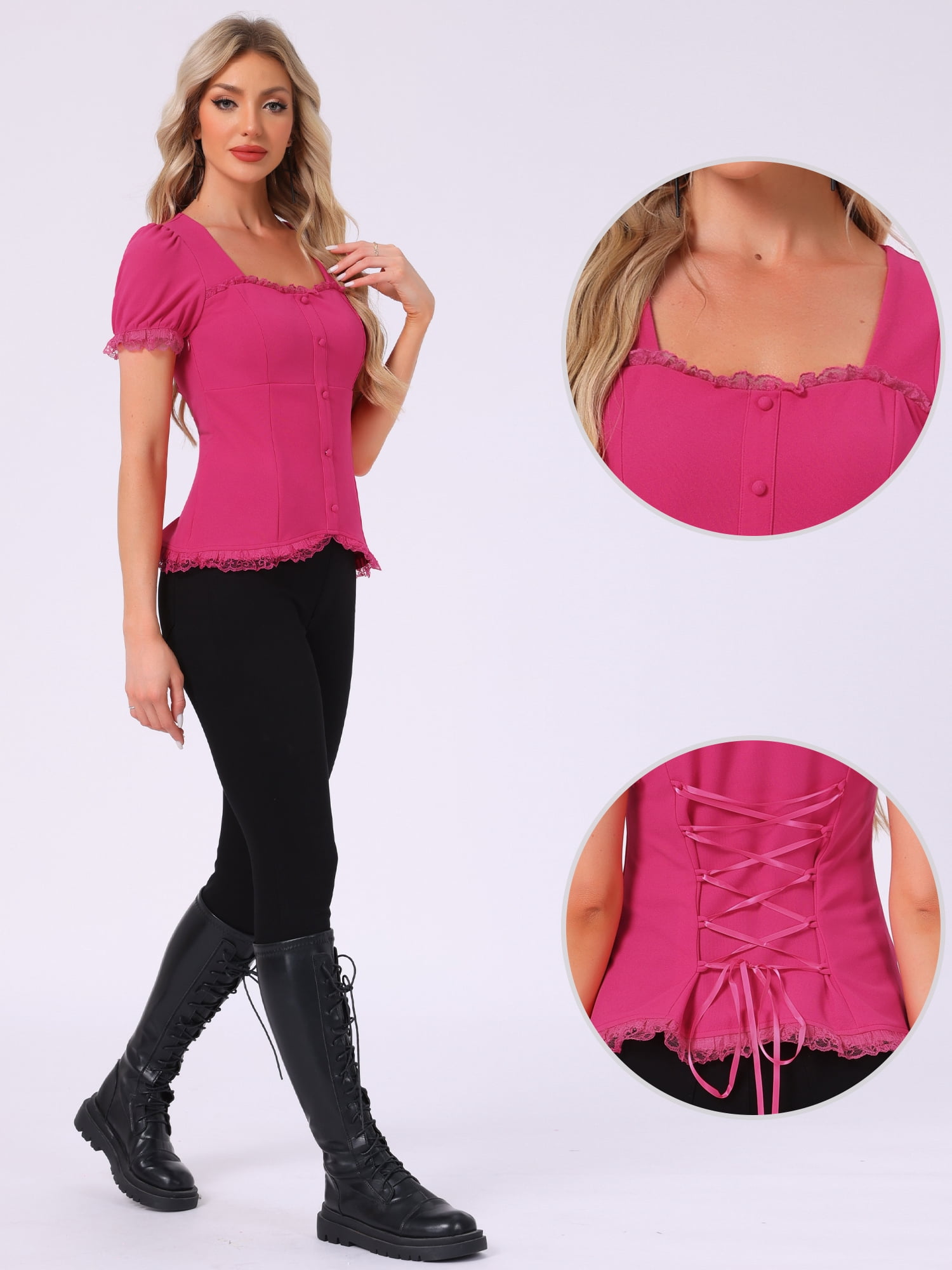 DARING DIVA Sweetheart Neck Puff Sleeve Lace-up Blouse XS Hot Pink