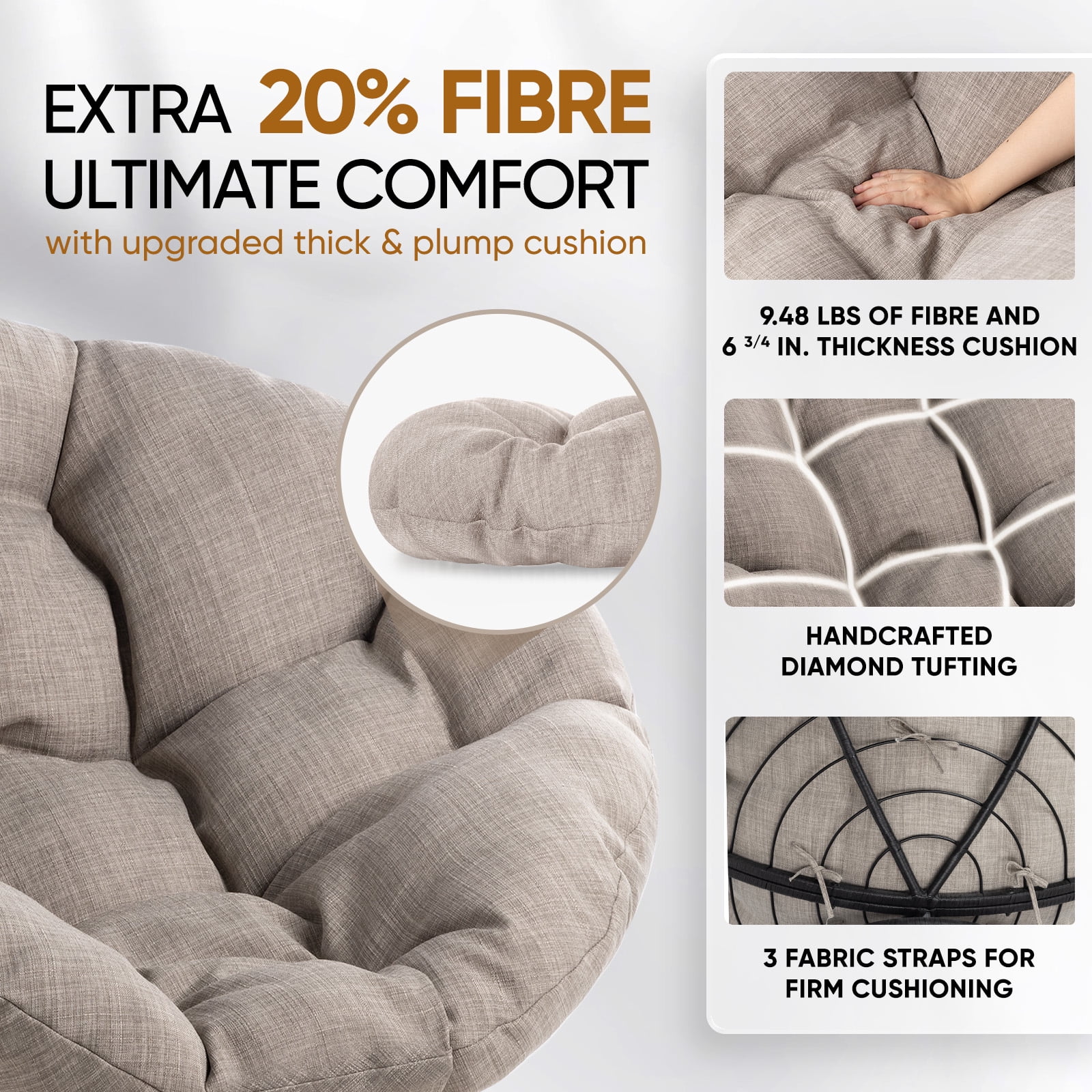 Bme Papasan Chair with Fabric Cushion, Metal Swivel Base, Sterling Fog - Black Frame