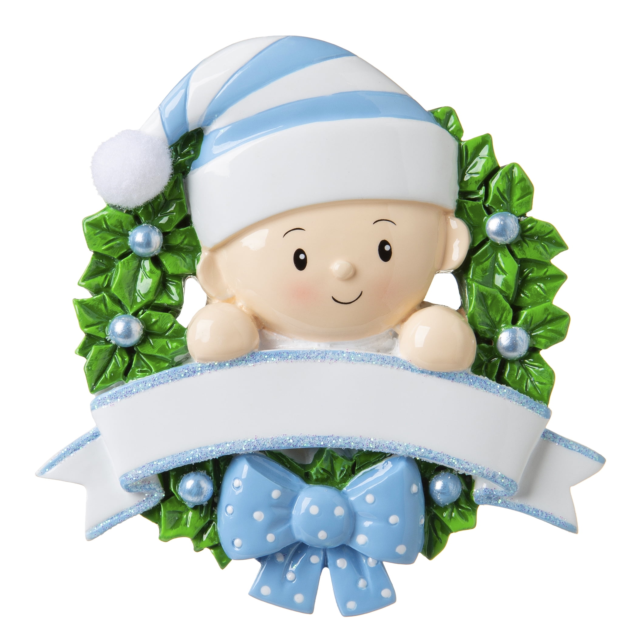 Baby in a wreath Lt. Blue Personalized Christmas Tree Ornament DOIT