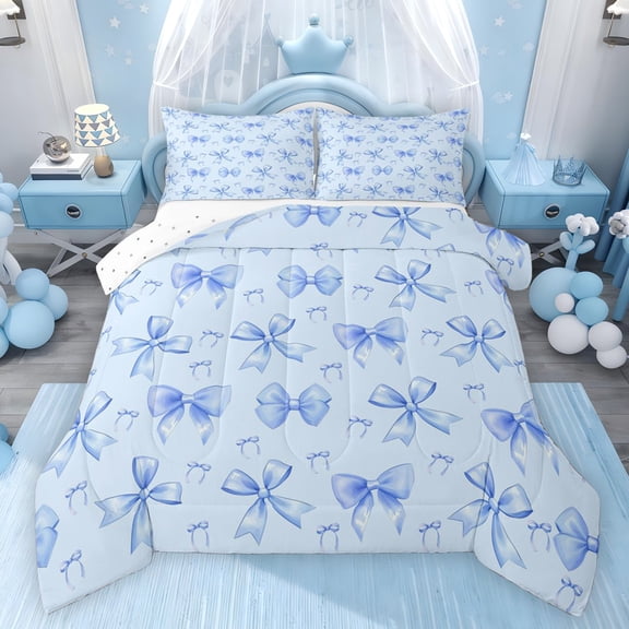 Feelyou Vintage Princess Bow Full Size Comforter Sets, Blue Bowknot Bedding Sets, 3 Pieces