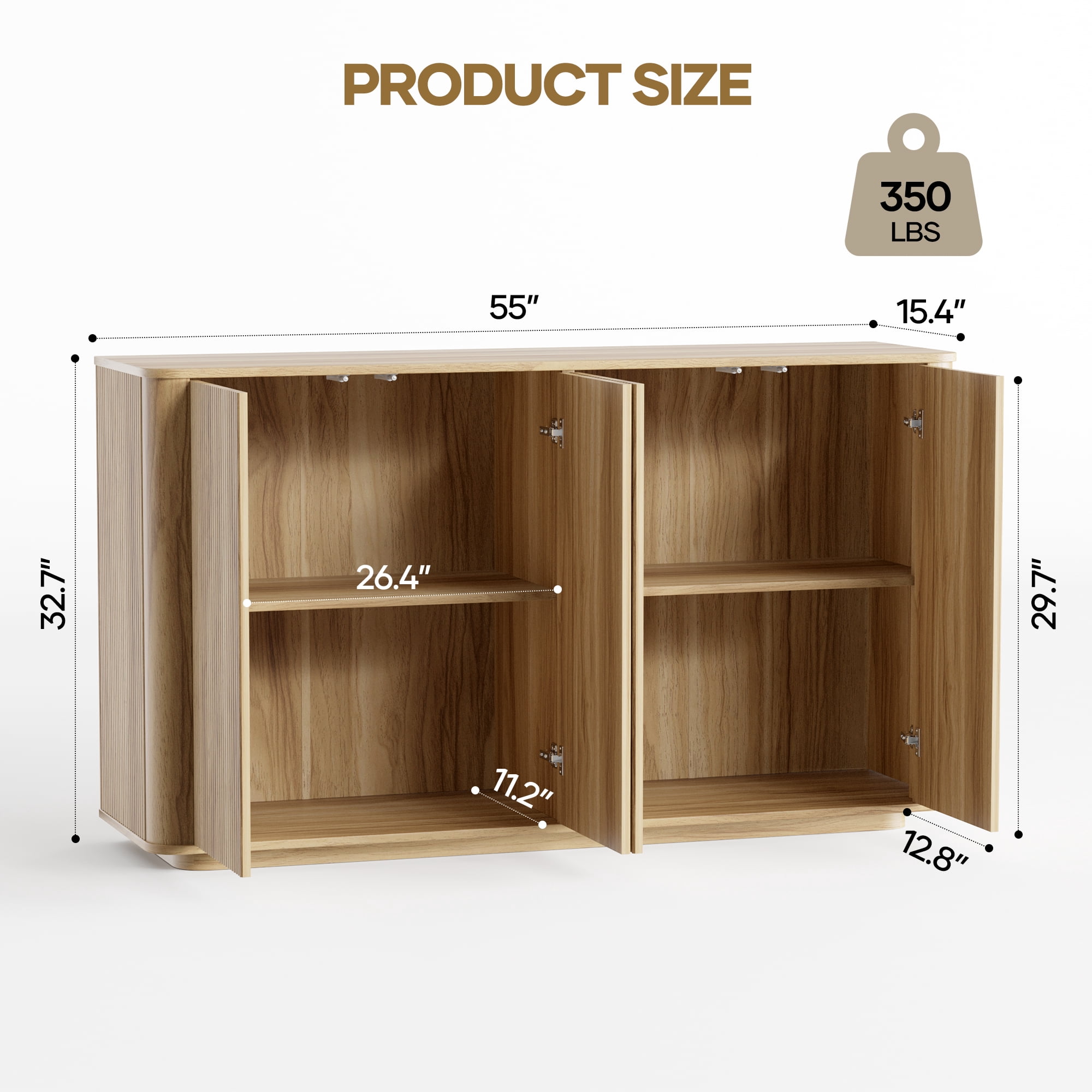 MARNUR 55"W Buffet Cabinet with Storage, Modern Coffee Bar Cabinet with 3-Sided Wave Fluted Design, Adjustable Shelves, Anti-Tip, Easy Clean Top for Kitchen, Dining Room, Living Room, Oak