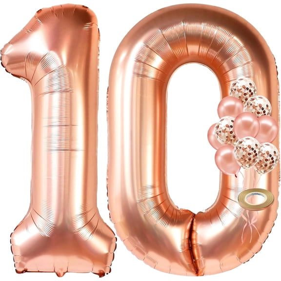 Rose Gold 10 Balloon Numbers Set - Big 32 Inch | Rose Gold 10 Balloons with Confetti Balloons | 10th Birthday Decorations for Girls | Number Balloons for Happy Anniversary Decorations Supplies