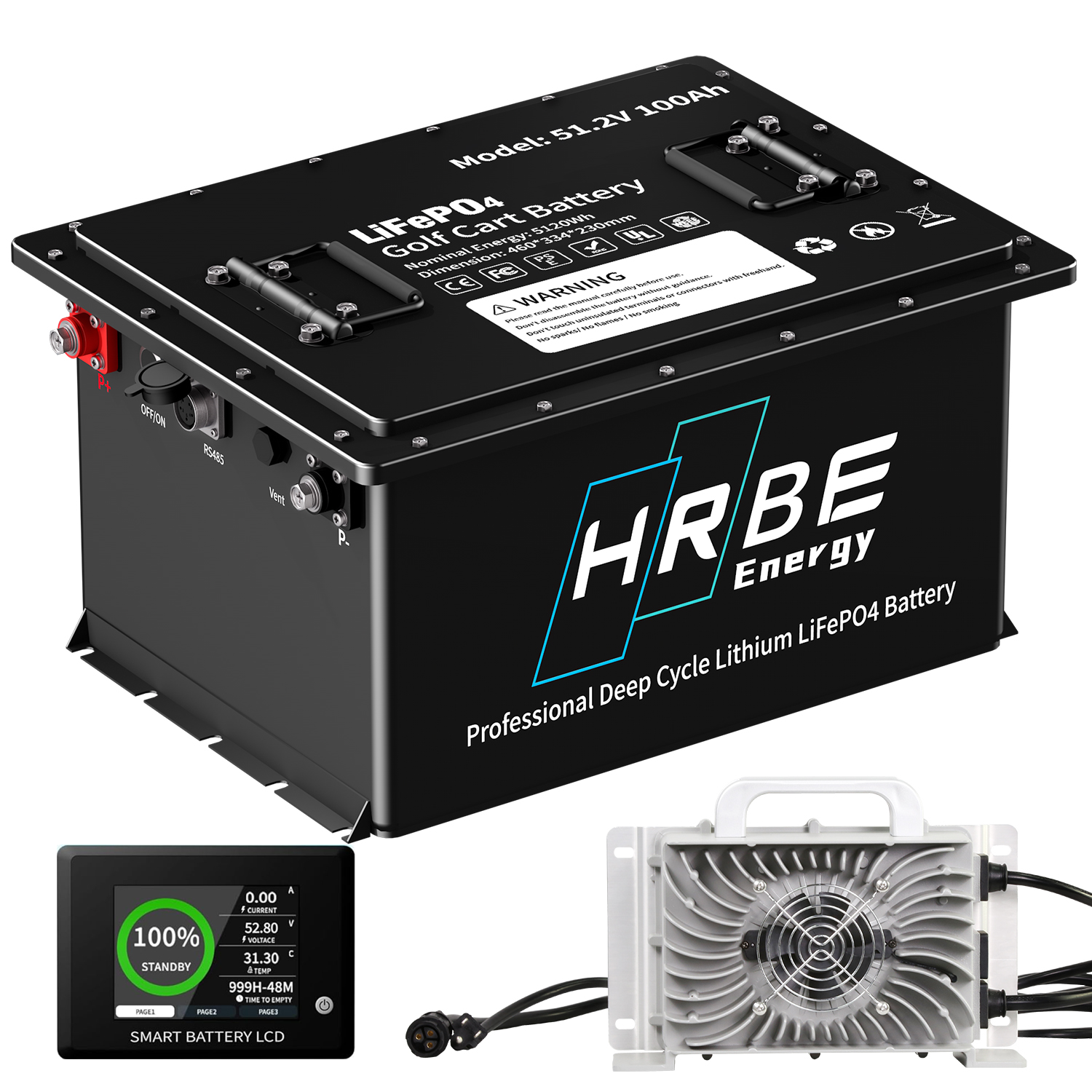 48V 100Ah Lithium Golf Cart Battery, 200A BMS with Touch Monitor, HRBEENERGY 8000+ Cycles Lifepo4 Club Car Battery